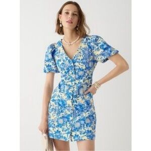 NWT J. Crew Button-front puff-sleeve Mini Dress Floral Twill A Line Button Front